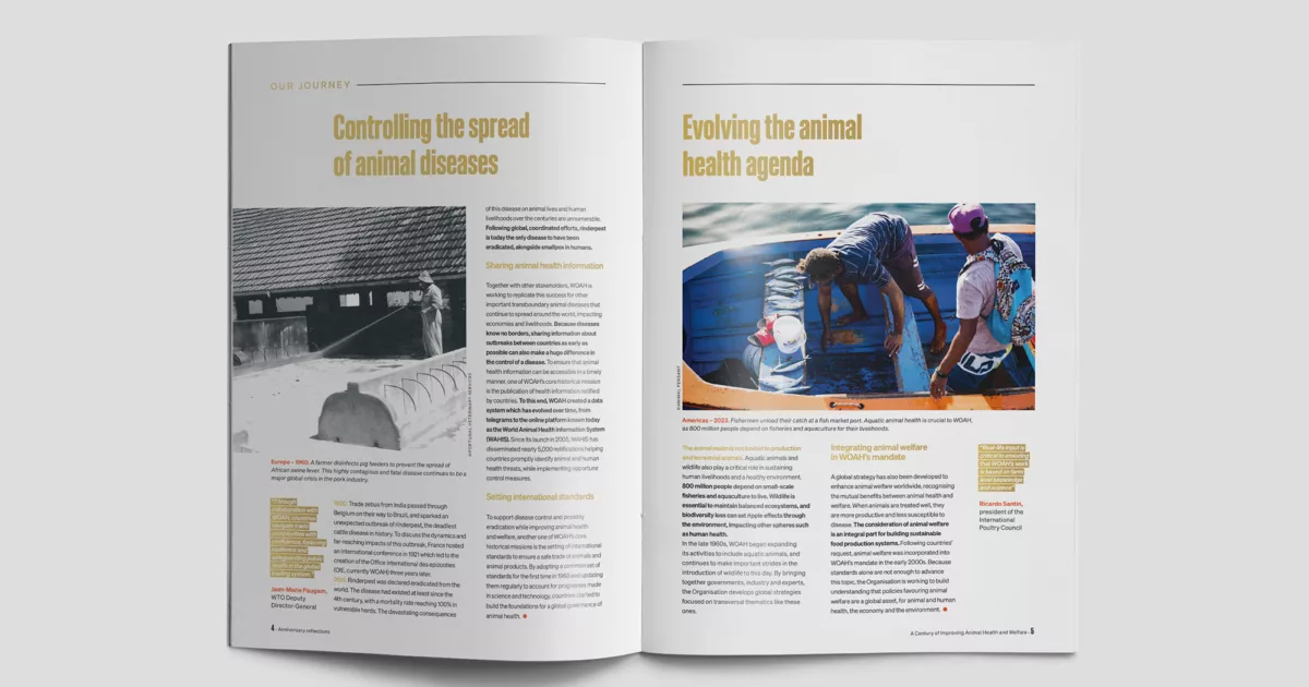 WOAH’s 100 Anniversary Report inside double spread with articles