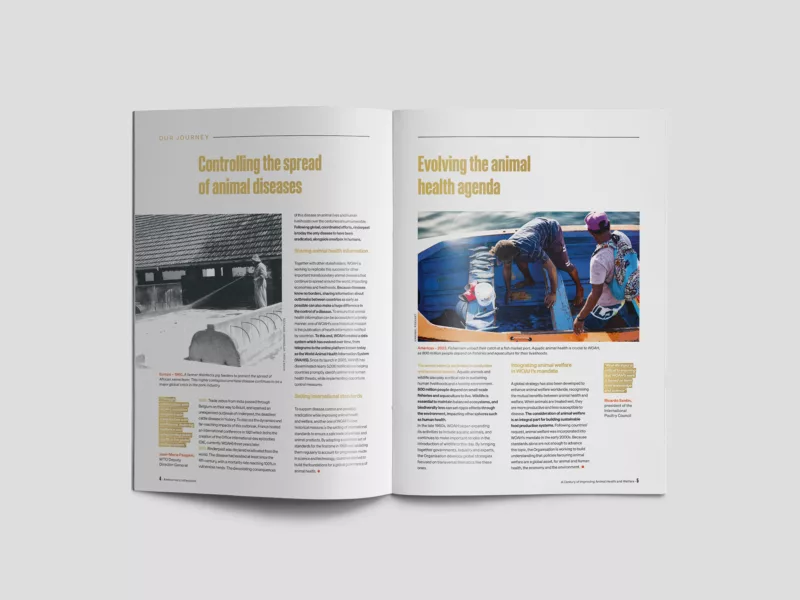 WOAH’s 100 Anniversary Report inside double spread with articles
