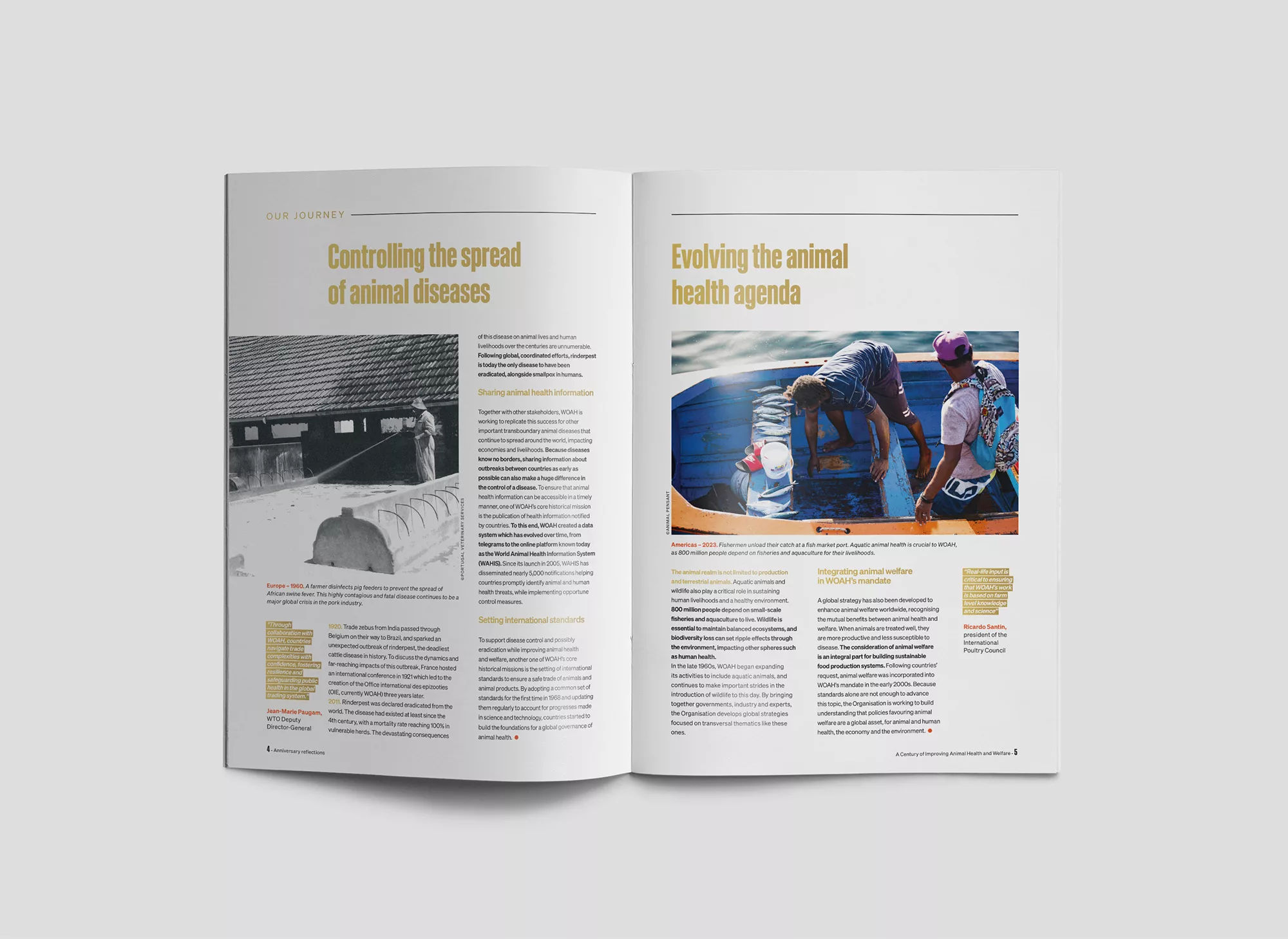 WOAH&rsquo;s 100 Anniversary Report inside double spread with articles